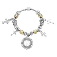 STRADA Austrian Crystal Japanese Movement Cross Charms Bracelet Watch in Silvertone