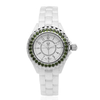 EON 1962 Natural Chrome Diopside Swiss Movement Double Halo Dial Watch with White Ceramic Strap 0.10 ctw