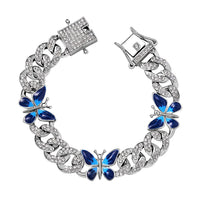 White Austrian Crystal and Enameled 3 Pcs Fixable Butterfly and Curb Link Chain Bracelet in Silvertone (6.50 In)