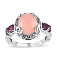 Premium Peruvian Pink Opal and Orissa Rhodolite Garnet Ring in Vermeil Rose Gold and Platinum Over Sterling Silver 3.65 ctw
