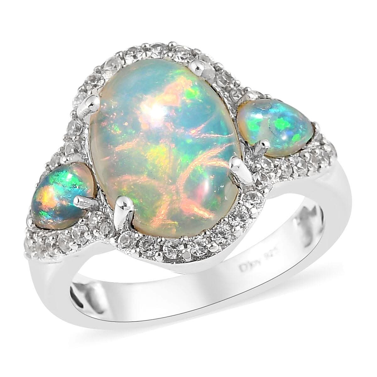 Premuim Ethiopian Welo Opala and White Zircon Ring in Platinum Over Sterling Silver 5.00 ctw