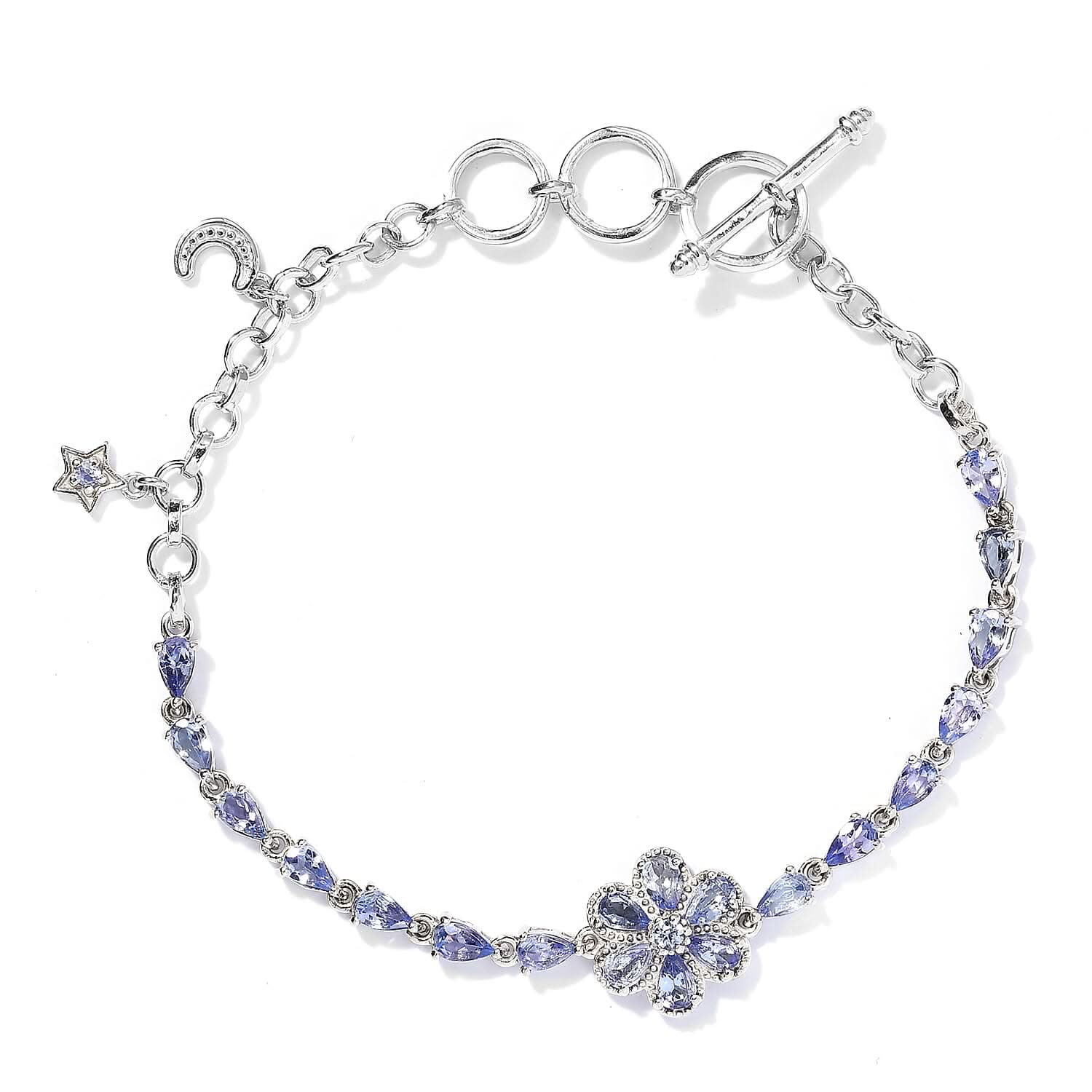 Tanzanite Floral and Tear Drop Shape Celestial Charm Bracelet in Platinum Over Sterling Silver (7.25 In) 8.70 Grams 4.00 ctw