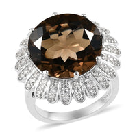 Brazilian Smoky Quartz and Natural White Zircon Cocktail Ring in Platinum Over Sterling Silver (Size 10.0) 12.15 ctw
