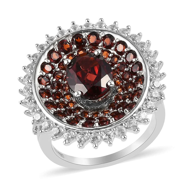 Mozambique Garnet and Natural White Zircon Cocktail Ring in Platinum Over Sterling Silver (Size 10.0) 4.40 ctw - Product card gallery slide 1 (9431332126975)