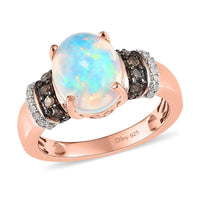 Premium Ethiopian Welo Opal, Champagne and White Diamond Ring in Vermeil Rose Gold Over Sterling Silver 2.50 ctw