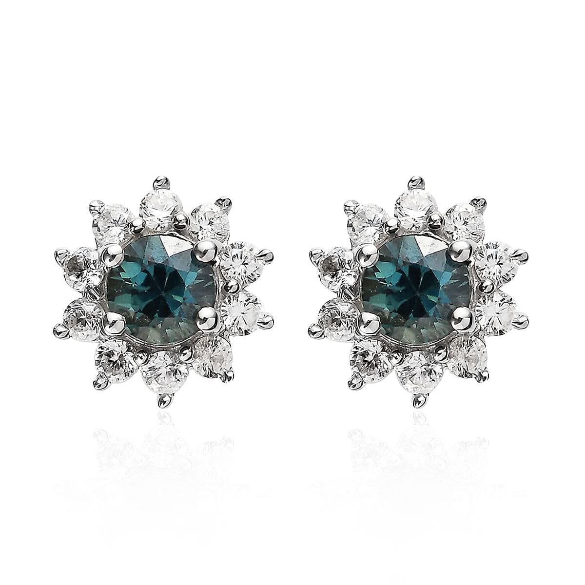 Australian Sapphire and White Zircon Sunburst Stud Earrings in Platinum Over Sterling Silver 1.10 ctw