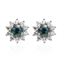 Australian Sapphire and White Zircon Sunburst Stud Earrings in Platinum Over Sterling Silver 1.10 ctw