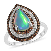 Premium Ethiopian Welo Opal, Brown and White Zircon Ring in Platinum Over Sterling Silver 3.25 ctw