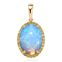 Luxoro 10K Yellow Gold AAA Ethiopian Welo Opal and I3 Natural Yellow Diamond Halo Pendant 3.65 ctw