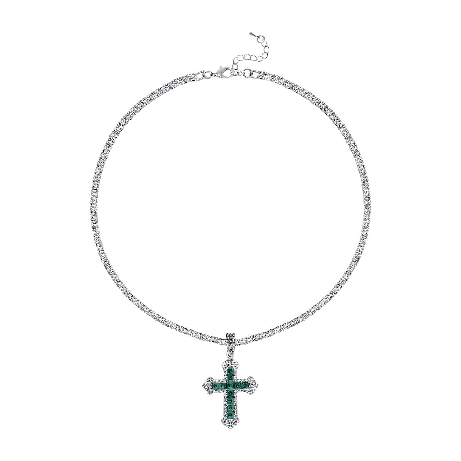 Green Glass and Austrian Crystal Cross Pendant with Tennis Necklace 20-22 Inches in Silvertone