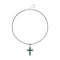 Green Glass and Austrian Crystal Cross Pendant with Tennis Necklace 20-22 Inches in Silvertone - Sticky add to cart bar
