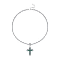 Green Glass and Austrian Crystal Cross Pendant with Tennis Necklace 20-22 Inches in Silvertone