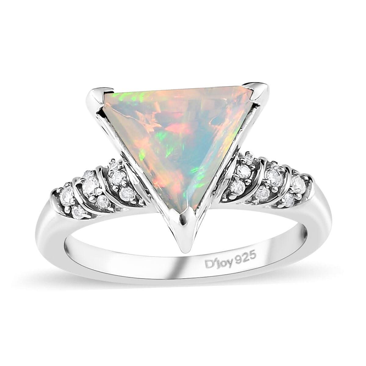 Ethiopian Opal ,  White Moissanite  Main Stone With Side Stone Ring in Platinum Over Sterling Silver 1.09 ctw