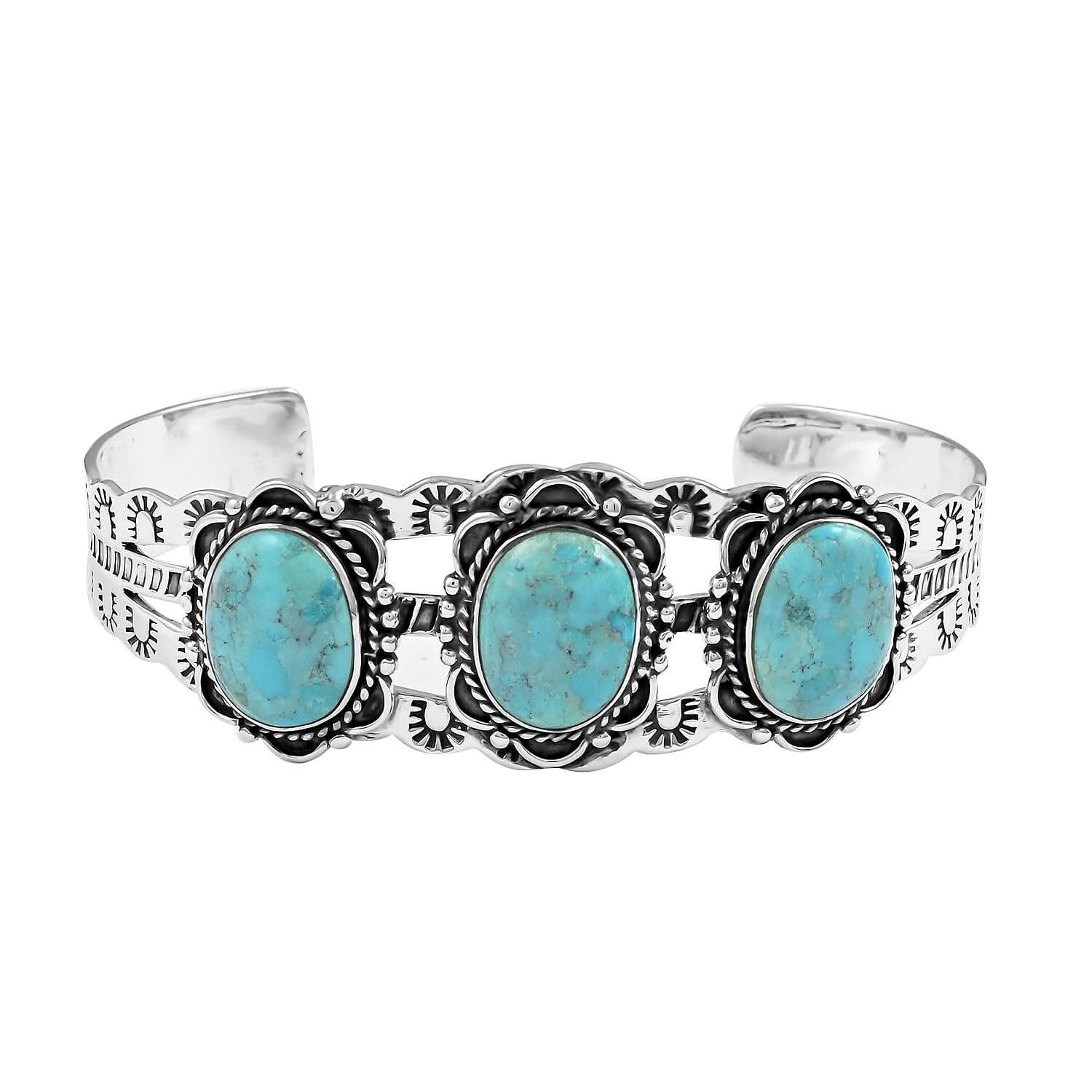 Santa Fe Style Kingman Turquoise Cuff Bracelet in Sterling Silver (7.00 In) 15.50 ctw