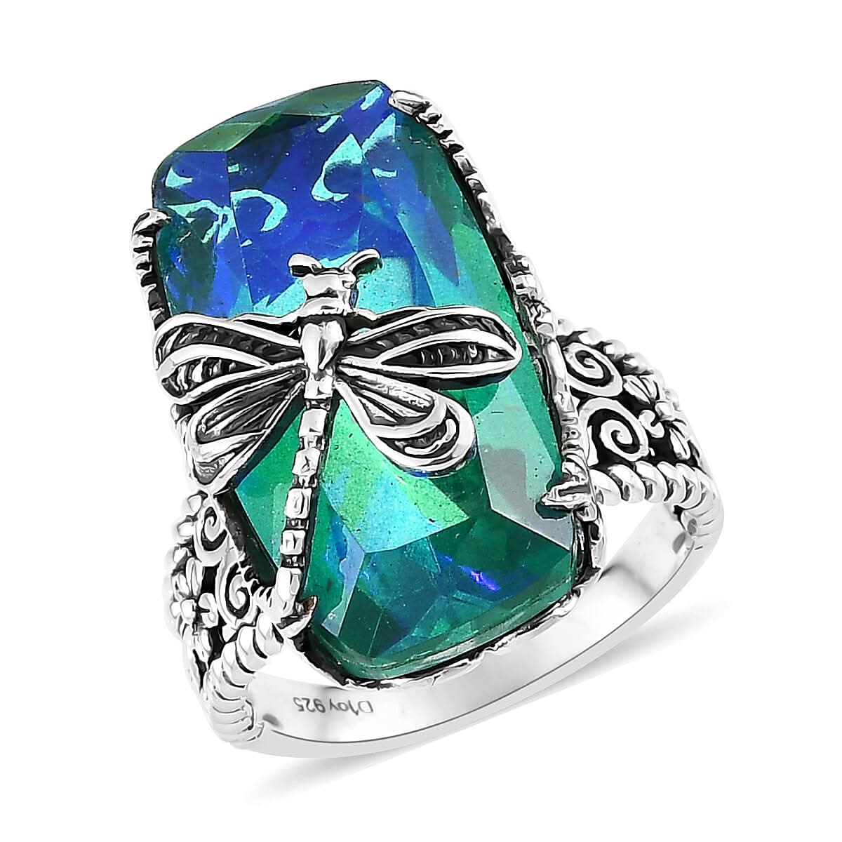 Artisan Crafted Peacock Quartz (Triplet) Dragonfly Ring in Sterling Silver 14.15 ctw