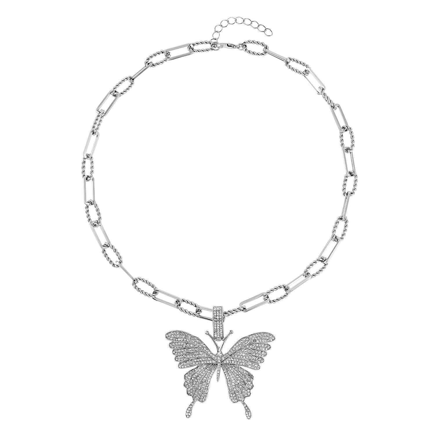 Austrian Crystal Butterfly Pendant Necklace (20-22 Inches) in Silvertone