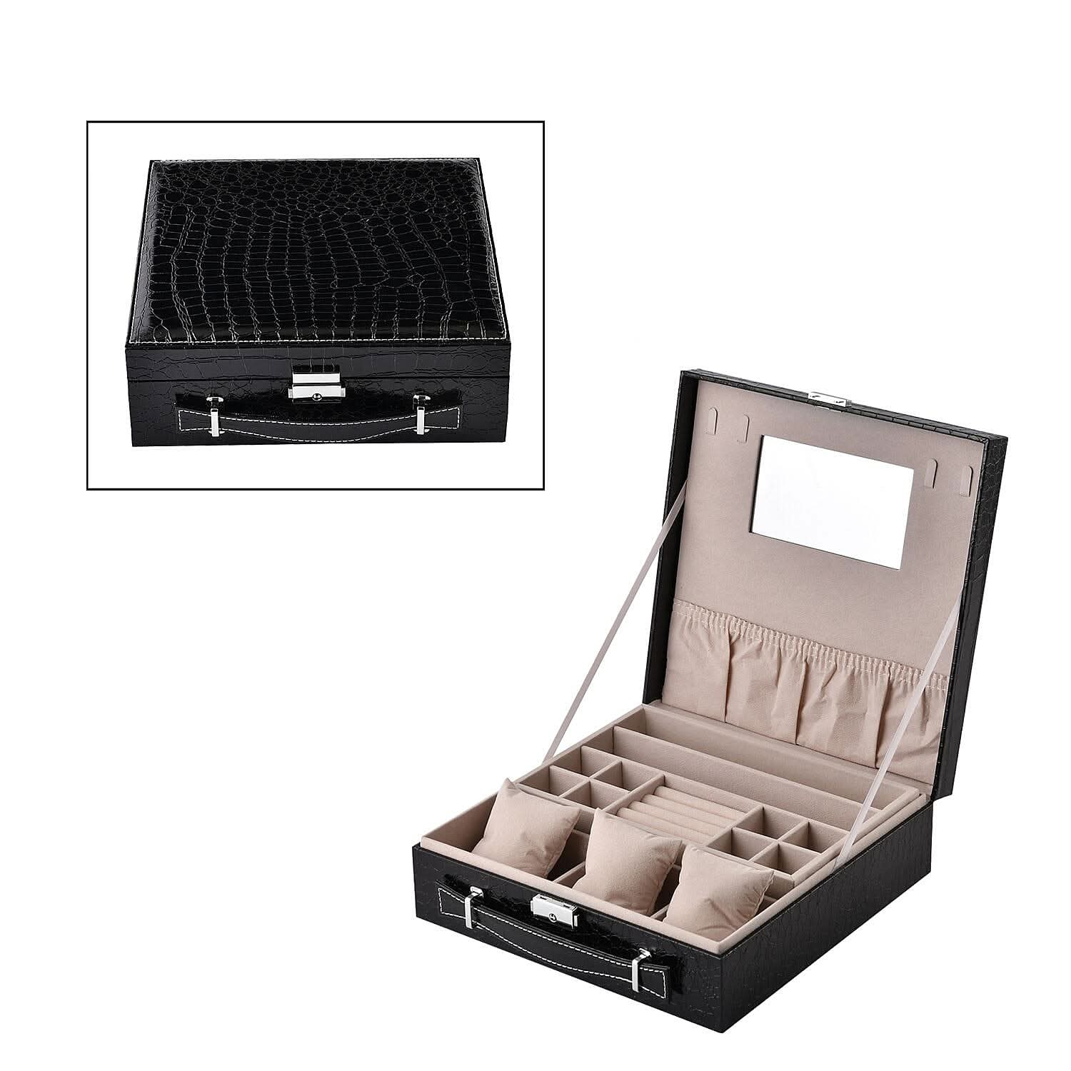 Black Crocodile Embossed Pattern Faux Leather 2 Layer Jewelry Box (10.2"x10.2"x3.5")