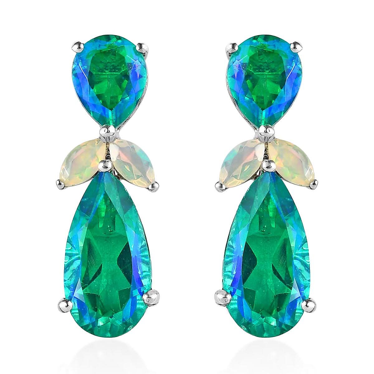 Peacock Quartz (Triplet) and Ethiopian Welo Opal Dangle Earrings in Platinum Over Sterling Silver 13.35 ctw