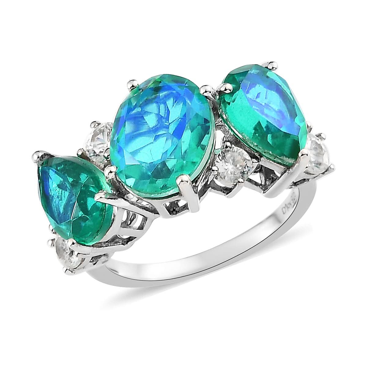 Peacock Quartz (Triplet) and White Zircon Ring in Platinum Over Sterling Silver 5.90 ctw