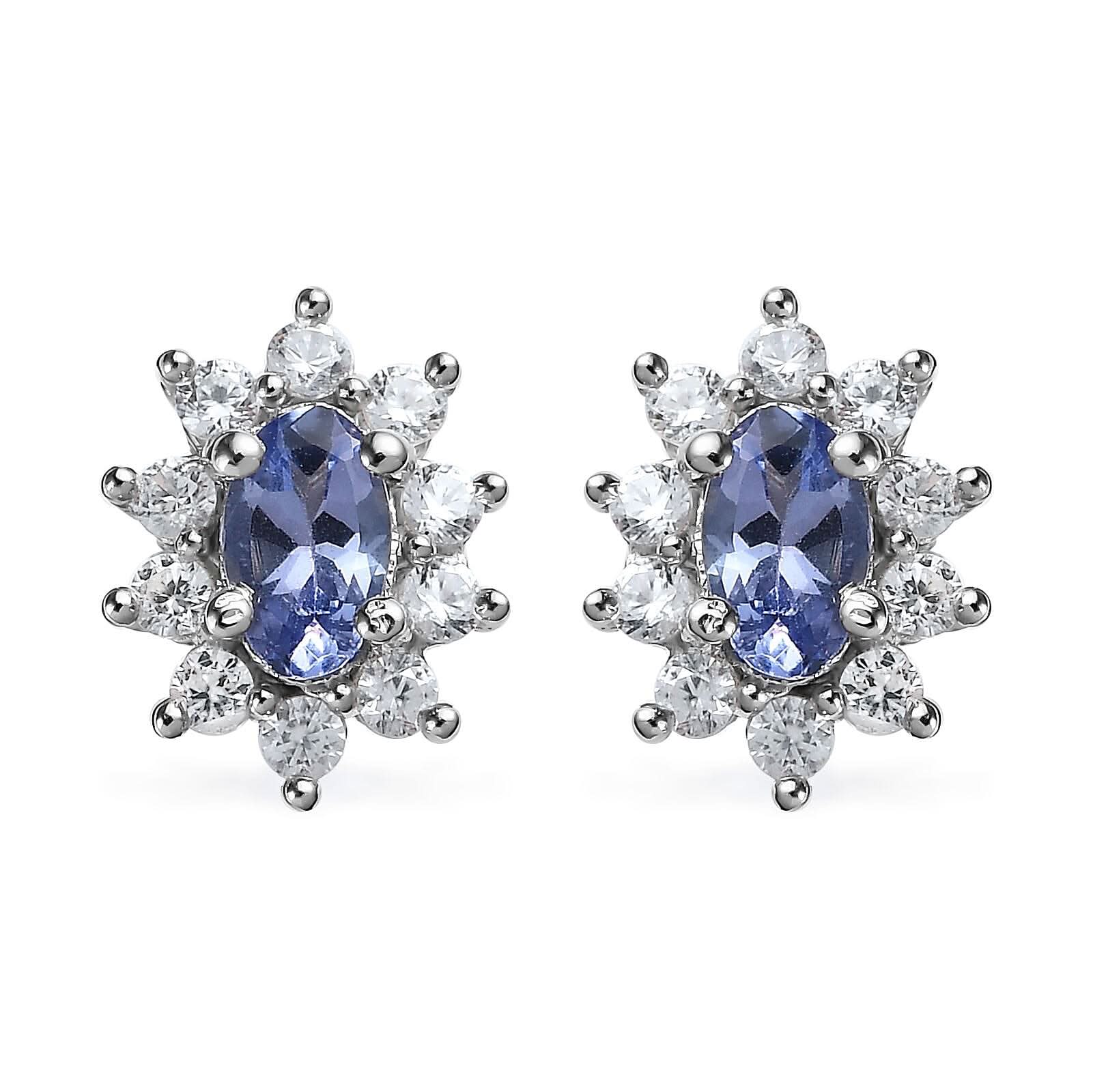 Tanzanite and White Zircon Sunburst Stud Earrings in Platinum Over Sterling Silver 0.90 ctw