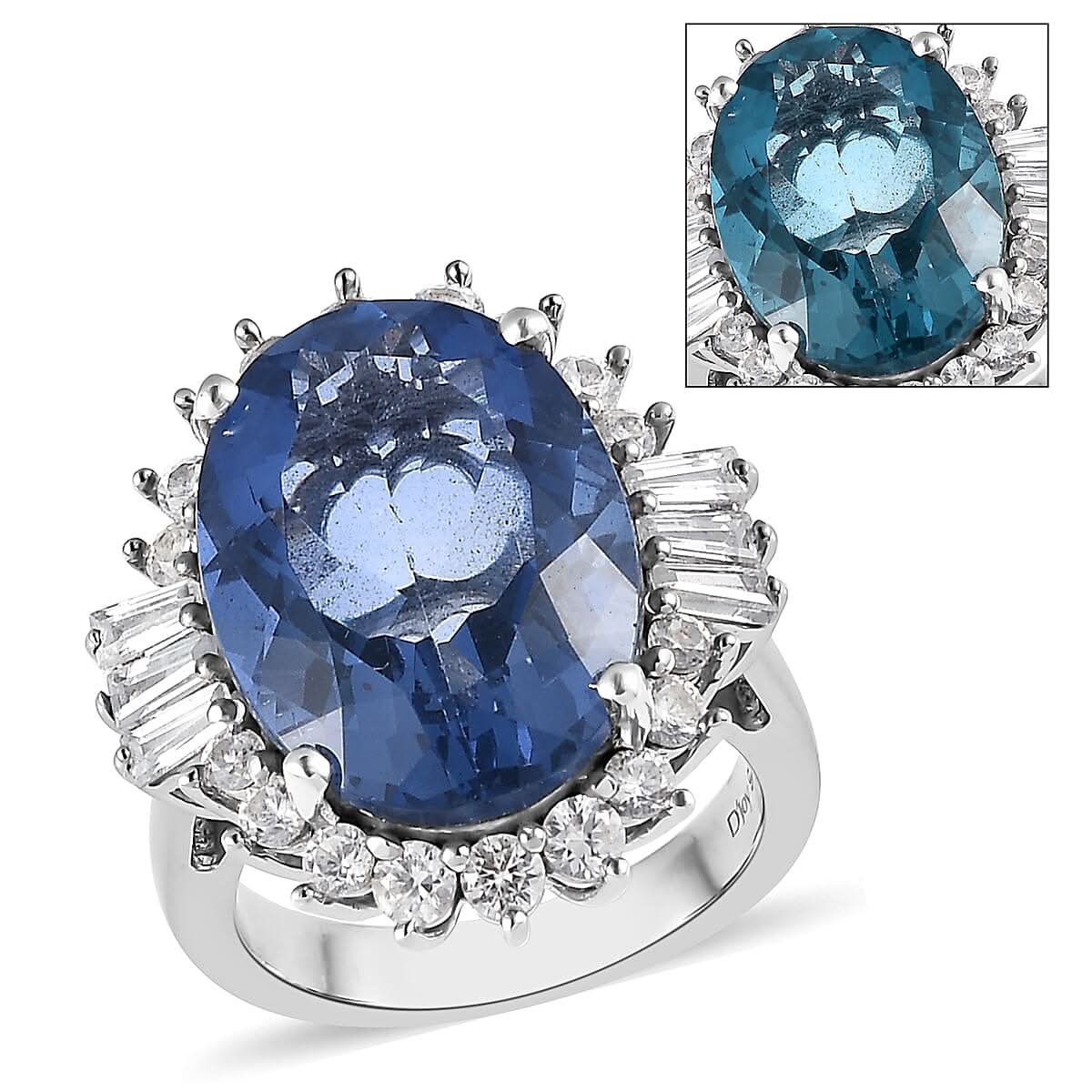 Color Change Fluorite (IR) and White Zircon Halo Ring in Platinum Over Sterling Silver 16.30 ctw