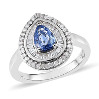 Premium Ceylon Blue Sapphire and Diamond Double Halo Ring in Platinum Over Sterling Silver (Size 9.0) 1.25 ctw