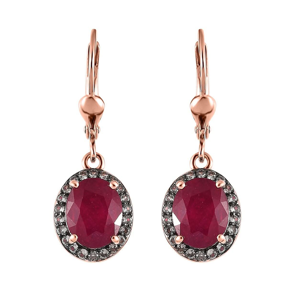 Niassa Ruby (FF) and Champagne Zircon Lever Back Earrings in Vermeil Rose Gold Over Sterling Silver 6.10 ctw