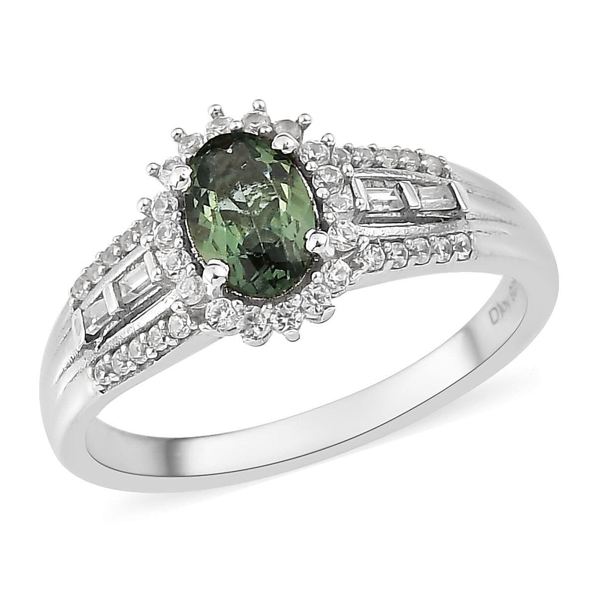 Green Apatite and White Zircon Sunburst Ring in Platinum Over Sterling Silver (Size 10.0) 1.25 ctw