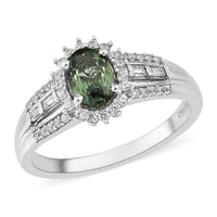 Green Apatite and White Zircon Sunburst Ring in Platinum Over Sterling Silver (Size 10.0) 1.25 ctw