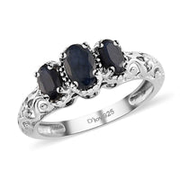 D'Joy Madagascar Blue Sapphire (DF) 3 Stone Ring in Platinum Over Sterling Silver (Size 10.0) 1.25 ctw