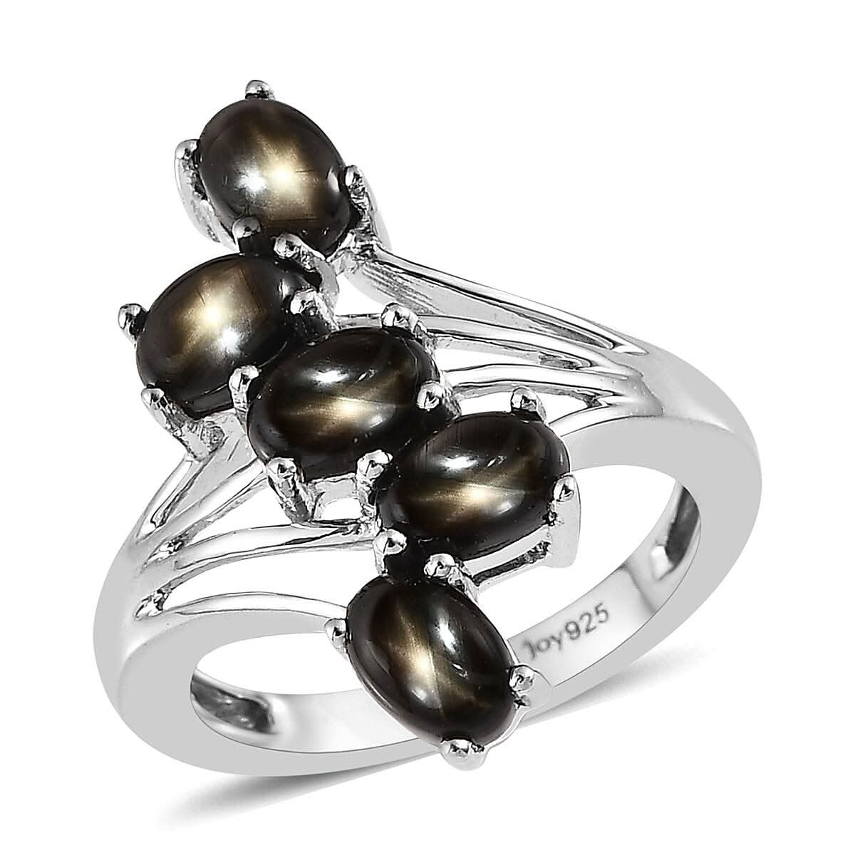 Bankacha Natural Black Star Sapphire 5 Stone Ring in Platinum Over Sterling Silver 4.15 ctw