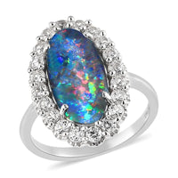 AAA Boulder Opal Triplet and White Zircon Halo Ring in Platinum Over Sterling Silver 4.75 ctw