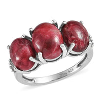Norwegian Thulite and Diamond 3 Stone Ring in Platinum Over Sterling Silver (Size 10.0) 5.75 ctw