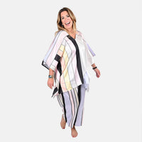 Tamsy Pink & Off White Pastel Stripe Printed Kaftan and Pant Set - One Size Missy
