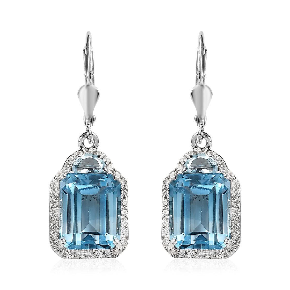 Sky Blue Topaz and White Zircon Lever Back Earrings in Platinum Over Sterling Silver 13.50 ctw