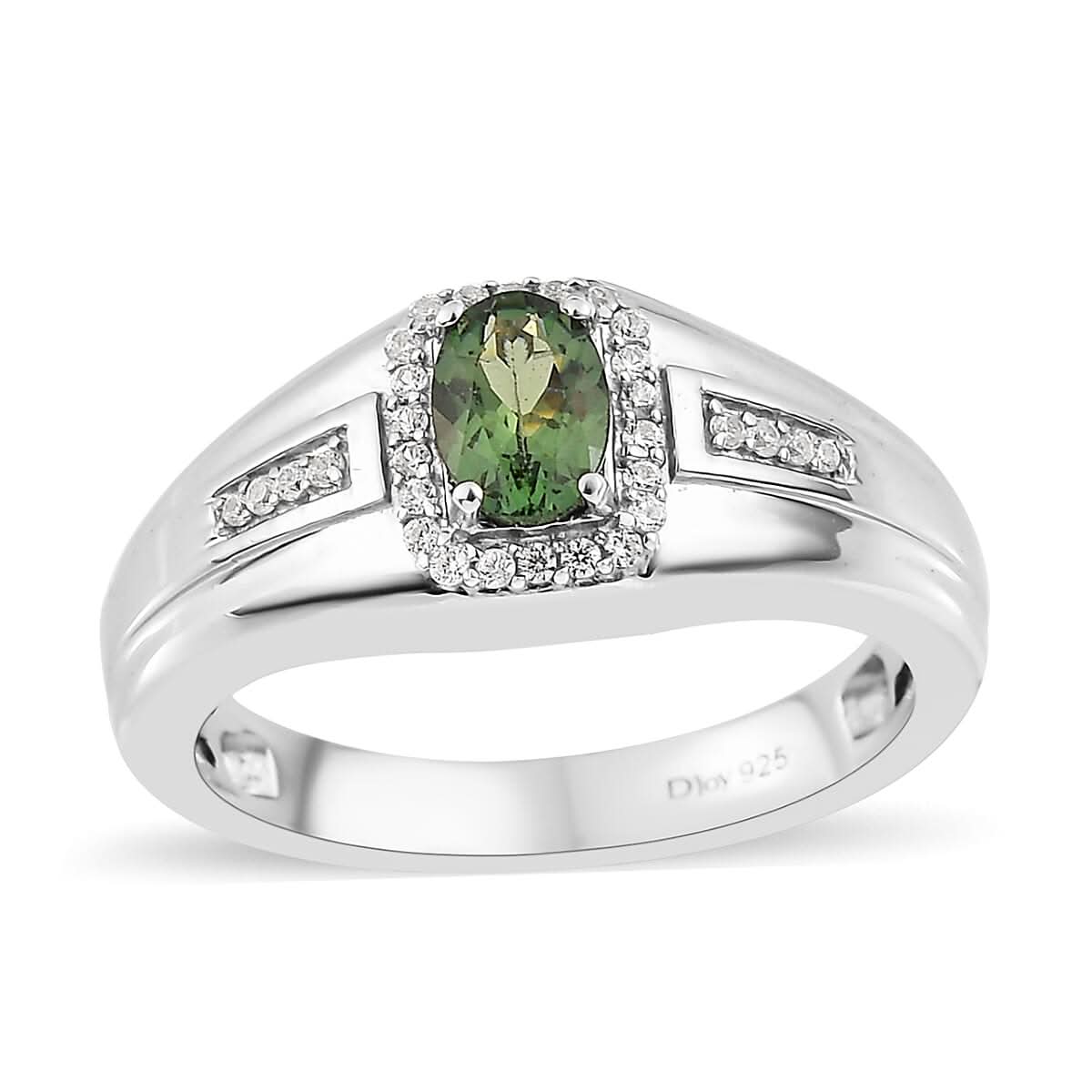 Green Apatite and White Zircon Men's Ring in Platinum Over Sterling Silver (Size 10.0) 1.00 ctw