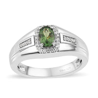 Green Apatite and White Zircon Men's Ring in Platinum Over Sterling Silver (Size 10.0) 1.00 ctw