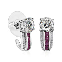120 Facets Moissanite and Niassa Ruby (FF) J-Hoop Earrings in Platinum Over Sterling Silver 3.00 ctw