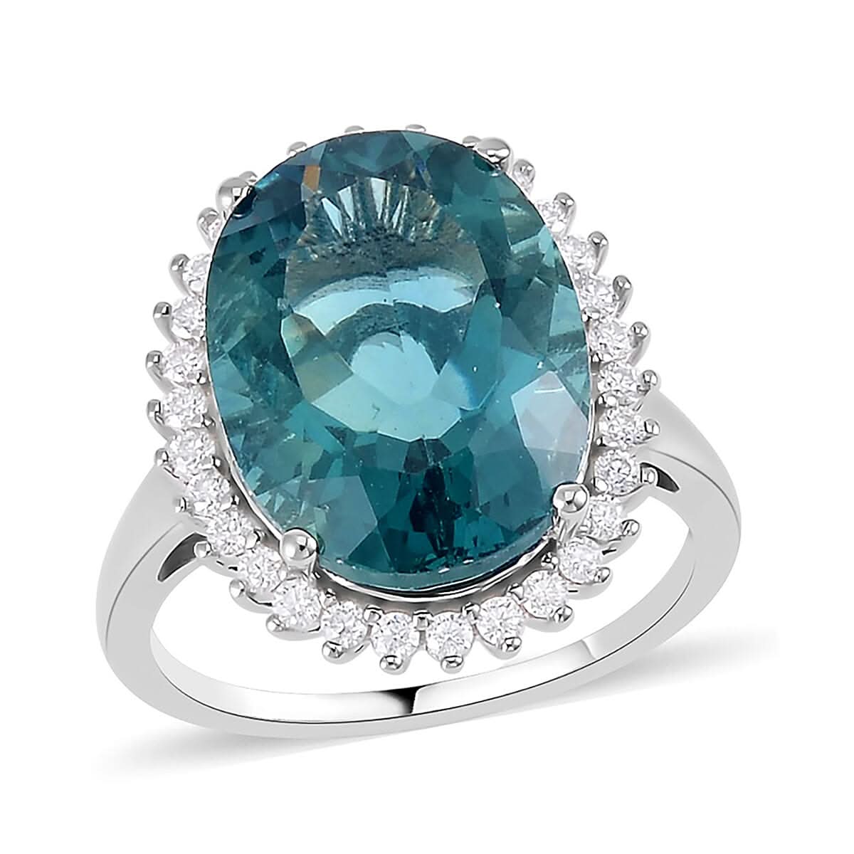 Teal Fluorite, Moissanite Halo Ring in Rhodium Over Sterling Silver (Size 10.0) 11.50 ctw