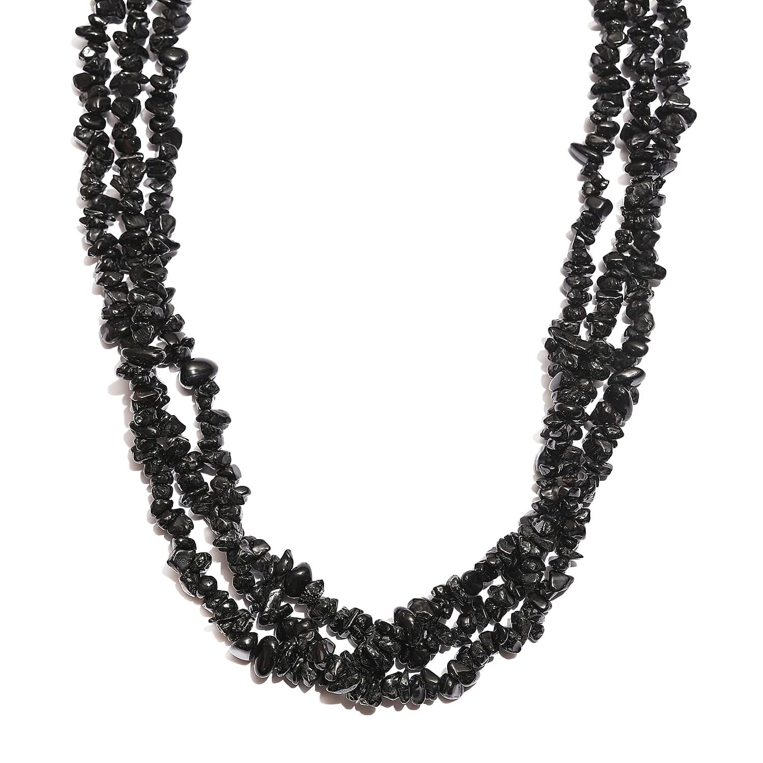 Black Tourmaline Chips 3 Row Necklace 20 Inches in Sterling Silver 560.00 ctw