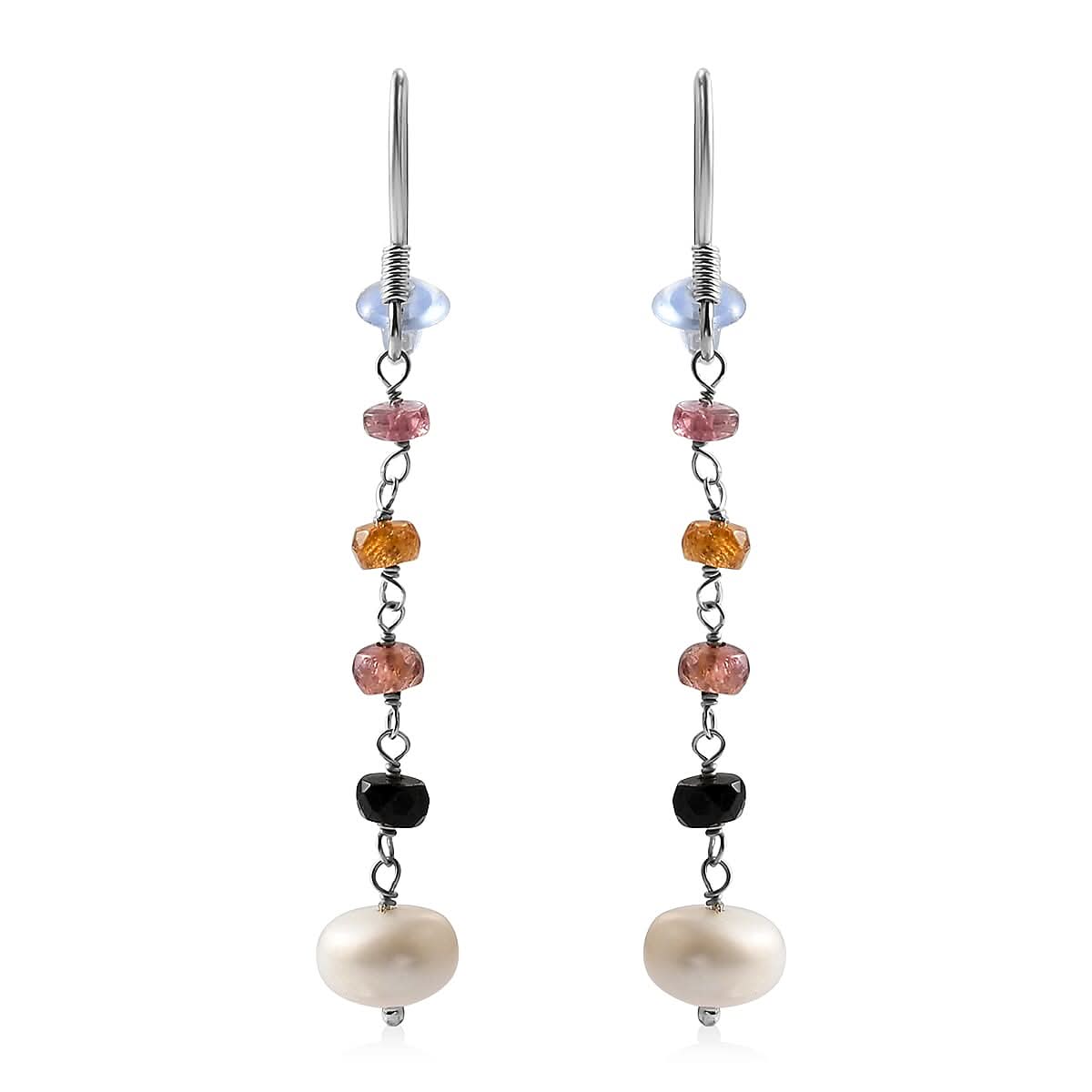 Freshwater Pearl and Multi Sapphire Earrings in Sterling Silver 2.00 ctw