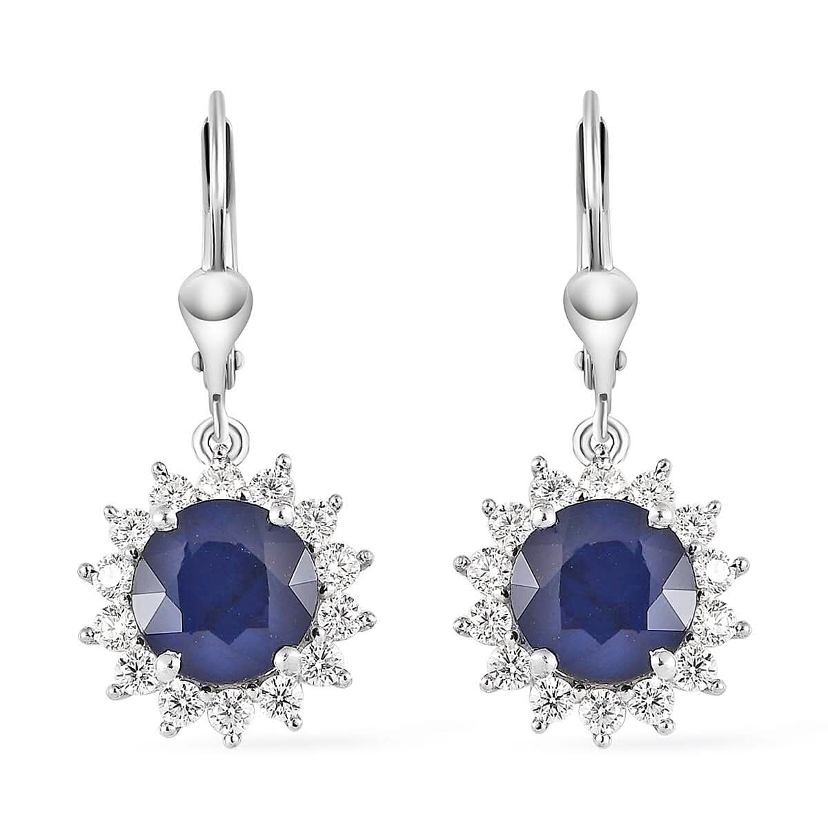 Madagascar Blue Sapphire (DF) and Moissanite Sunburst Dangle Earrings in Platinum Over Sterling Silver 6.50 ctw