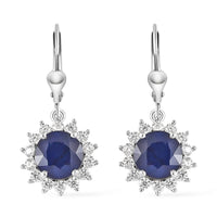 Madagascar Blue Sapphire (DF) and Moissanite Sunburst Dangle Earrings in Platinum Over Sterling Silver 6.50 ctw