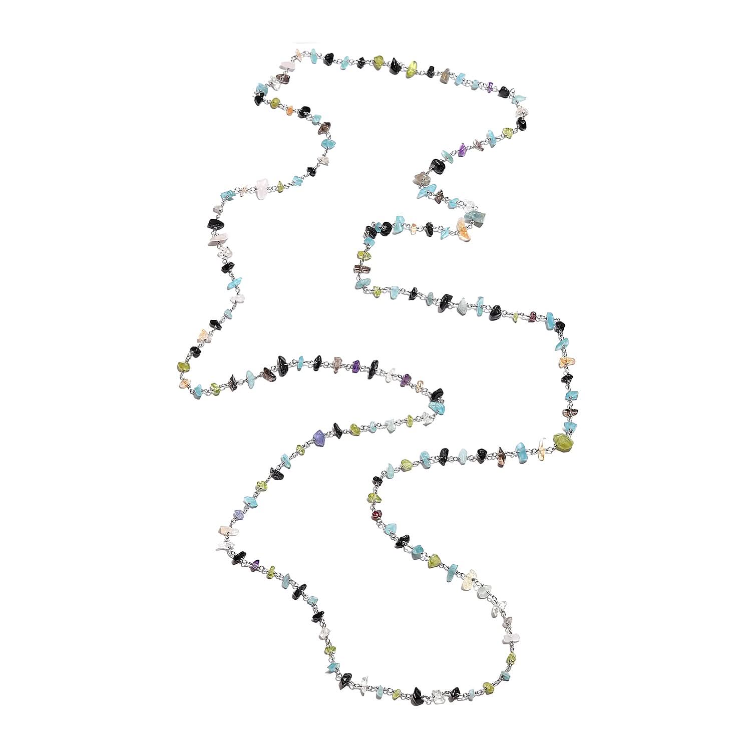 Multi Gemstone Beaded Necklace 48 Inches in Sterling Silver 97.10 ctw