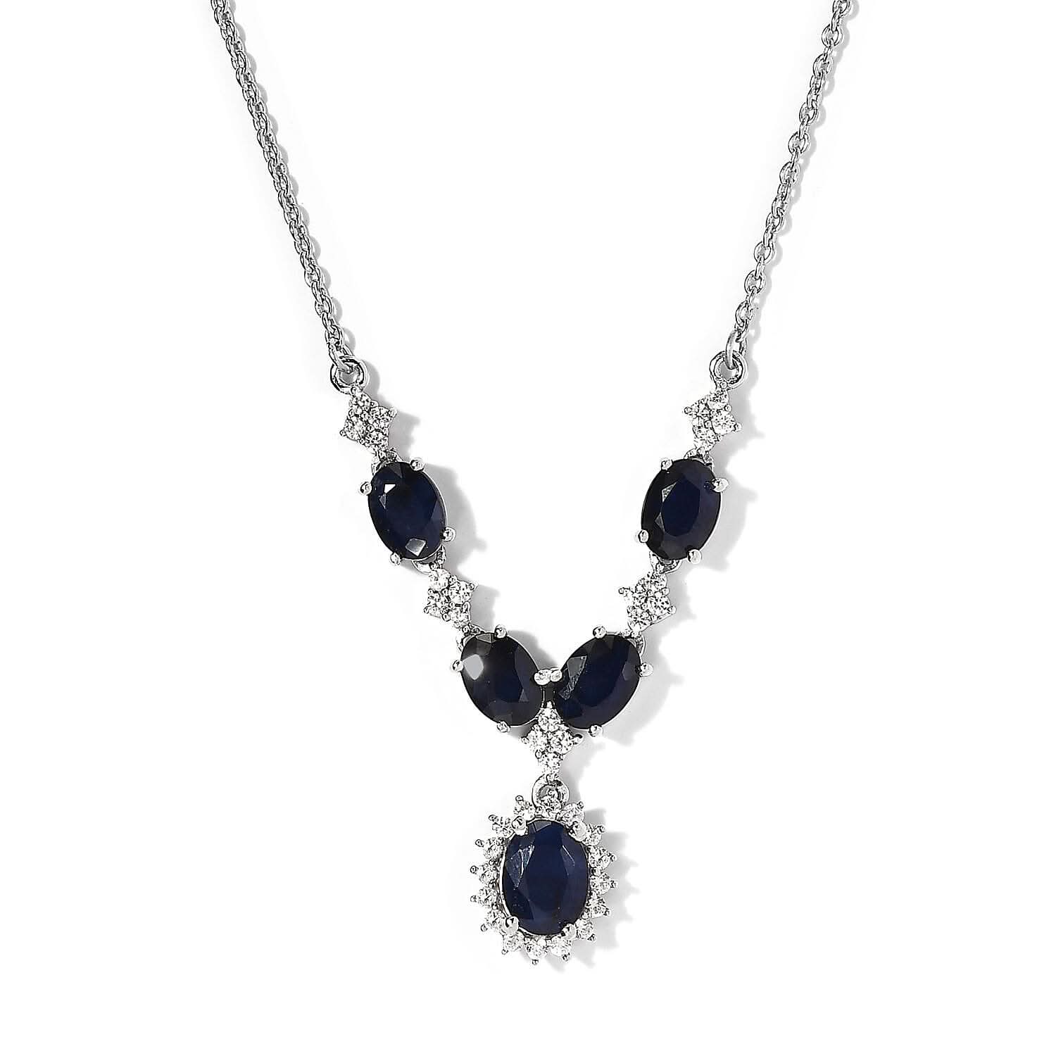 Madagascar Blue Sapphire (DF) and White Zircon 6.20 ctw Necklace in Platinum Over Sterling Silver 18 Inches
