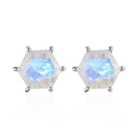 Premium Rainbow Moonstone Stud Earrings in Platinum Over Sterling Silver 1.90 ctw