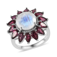 Premium Rainbow Moonstone and Orissa Rhodolite Garnet Floral Ring in Platinum Over Sterling Silver 7.10 ctw