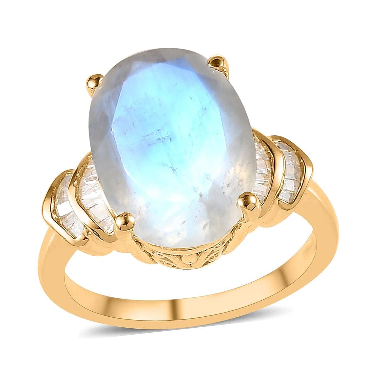 Premium Rainbow Moonstone and Diamond Ring in Vermeil Yellow Gold Over Sterling Silver (Size 10.0) 6.10 ctw
