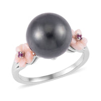 Tahitian Cultured Pearl 11-12mm and Multi Gemstone Ring in Rhodium Over Sterling Silver (Size 10.0)
