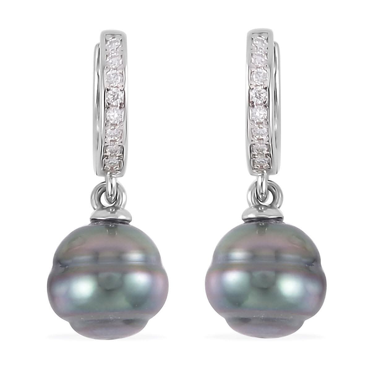 Tahitian Cultured Pearl and Moissanite Drop Earrings in Rhodium Over Sterling Silver 0.15 ctw
